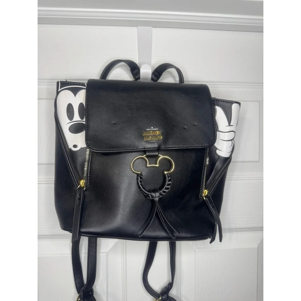 Disney Mickey Mouse Black Faux Leather Mini Backpack Gold Hardware Pin Holes